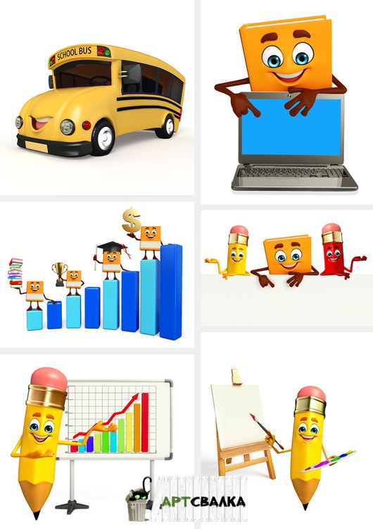 Школа. Мультяшные автобус, карандаш и книга.. | School. Cartoon bus, pencil and book.